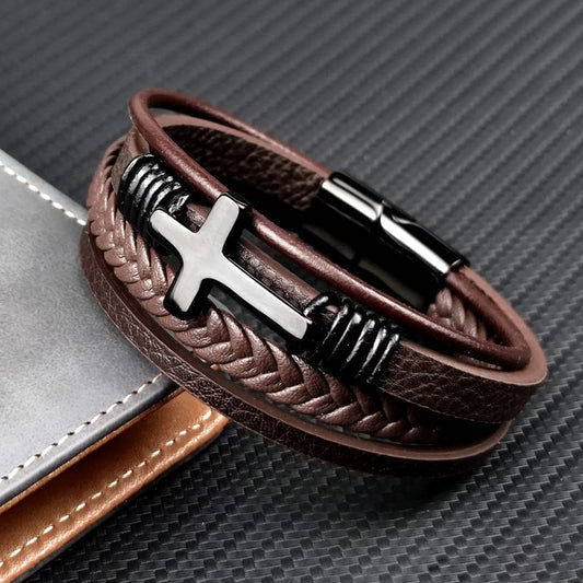 Mens Brown Leather Bracelet Multi-Layer Braided Leather Cross Bracelet Religious Confirmation Gifts - color: Brown Leather Black Cross