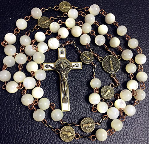 elegantmedical HANDMADE NICE Moonlight Mother of Pearl Beads St. Benedict Rosary necklace bronze Cross gift box Gift