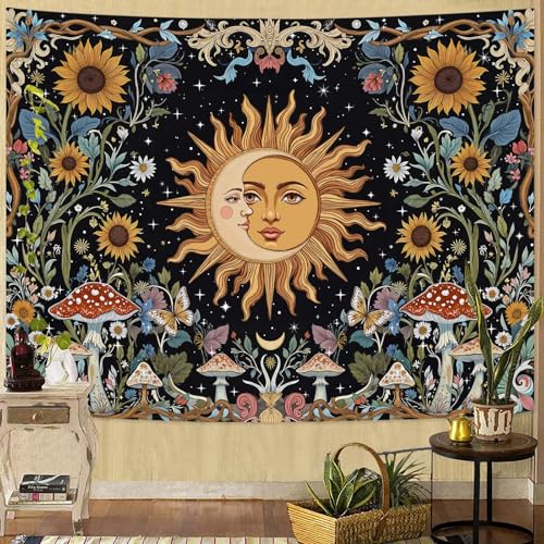 Fungarth Sun and Moon Tapestry Hippie Mushroom Boho Floral Wall Tapestry for Bedroom Aesthetic Vintage Sunflower Celestial Small Tapestries Wall Hanging for Living Room Dorm 48 x 36 Inch - color: Sunflower Mush, size: 48"L x 36"W