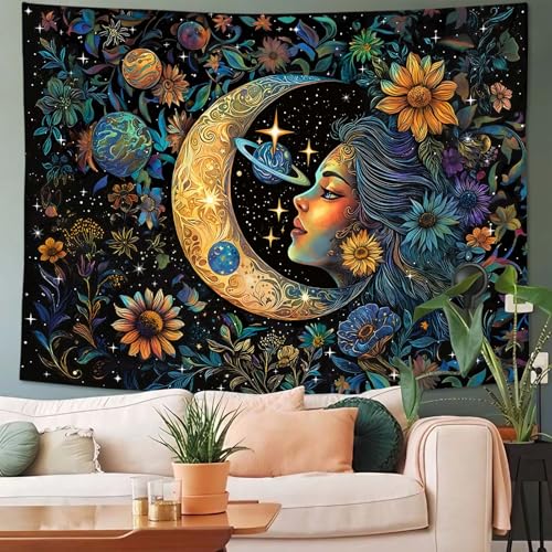 Accnicc Sun and Moon Tapestry for Bedroom Hippie Boho Floral Flower Plant Wall Tapestry Aesthetic Vintage Celestial Spiritual Extra Large Tapestries Wall Hanging for Living Room Dorm 90 x 68 Inch - color: Teal Gold, size: 90"L x 68"W