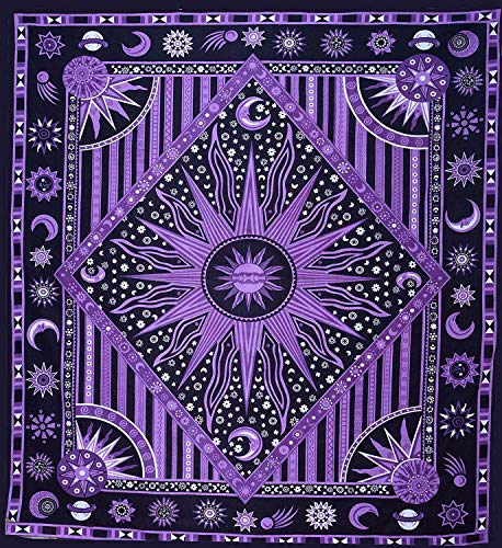 Popular Handicrafts Wall Hanging Tapestry For Bedroom Hippie Burning Sun and Moon Meditation Bohemian Hippy Psychedelic Design Indian Tapestries Bedspread 90 x 108 inches (230cm x 270cm) Green - color: Purple, size: 108"L x 90"W