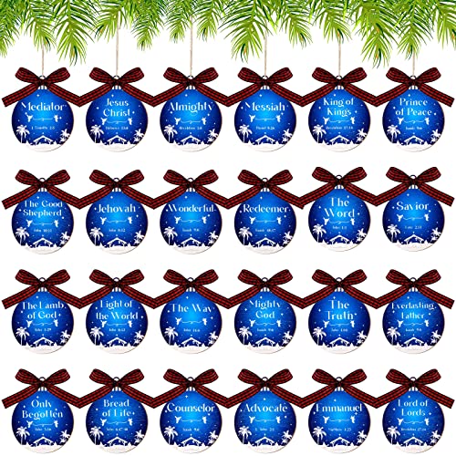 24 Pcs Names of Jesus Wooden Christmas Ornament, Blue and White, Round - color: Blue and White