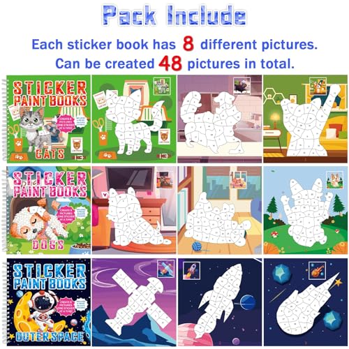 gisgfim 6 Pcs Paint by Sticker Books Sticker by Number Books Activity Book Sticker Puzzle Book Craft Art Gift with Mermaid Truck Outer Space Cat 48 Pictures Sticker by Number Book Set Party Favors - style: Cute Cartoon