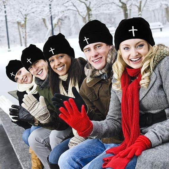 Unisex Stretch Warm Winter Skull Cap, Cold Weather Knit Beanie - color: Black - 3d Cross Embroidery