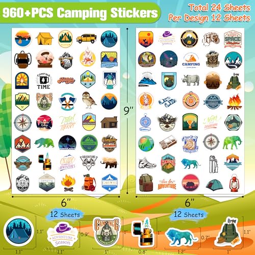 LINAYE 24 Sheets Travel Camping Stickers for Adults Kids, 960 PCS Nature Camp Stickers Waterproof Self Adhesive for Travel Bags Water Bottles, Camping Party Favors Supplies Rewards for Classroom - style: Camping 24 Sheets