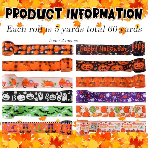 12 Rolls 60 Yards Halloween Fall Wired Ribbon for Wreath Bow Craft - style: Fall and Ghost