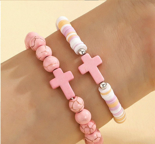 Colorful Handmade Cross Beaded Bracelet for Women Qute Religious Stone Clay Beaded Bracelet for Christian Inspirational Easter Chrismas Thanksgiving Gifts Jewelry - color: Pink