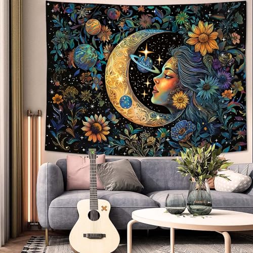 Accnicc Sun and Moon Tapestry for Bedroom Hippie Boho Floral Flower Plant Wall Tapestry Aesthetic Vintage Galaxy Celestial Star Spiritual Large Tapestries Wall Hanging for Living Room Dorm 48 x 36 Inch - color: Teal Gold, size: 48"L x 36"W