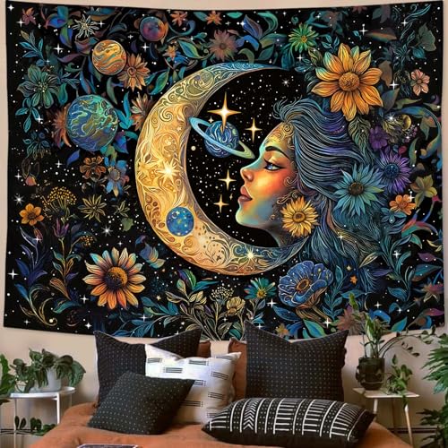 Accnicc Sun and Moon Tapestry for Bedroom Hippie Boho Floral Flower Plant Wall Tapestry Aesthetic Vintage Galaxy Celestial Star Spiritual Large Tapestries Wall Hanging for Living Room Dorm 80 x 60 Inch - color: Teal Gold, size: 80"L x 60"W