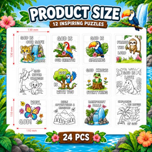 Cinrobiye 24 Pcs Rainforest Falls VBS Coloring Puzzle Kit, Christian Jungle Animal Puzzle Crafts for Vacation Bible School, Sunday School, Church Activities and Faith-Based Group Events - color: Rainforest Falls