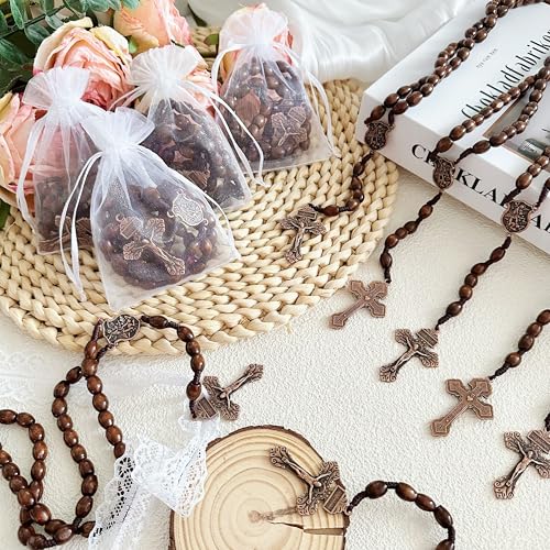 Bovemee Saint Benedict Medal Prayer Pocket Rosary Catholic Brown Wood Beads with Medalla de san benitol and Crucifix, 9 Inch - color: 12PCS Brown SaintArchange NK