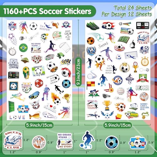 LINAYE 24 Sheets Soccer Stickers 1160 PCS Waterproof Self Adhesive Soccer Party Favors Supplies Team Rewards Gifts for Kids Adults - style: Soccer 24 Sheets