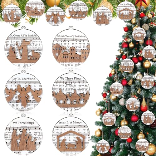 Shellwei 24 Pcs Christmas Ornament Bulk Wooden Nativity Scene Music Sheet - style: Delicate