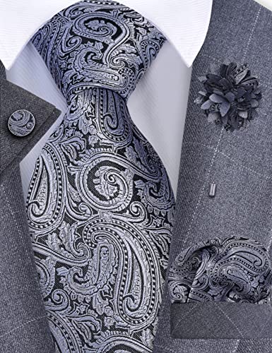 GUSLESON 3.15"(8cm) Mens Tie and Lapel Pin Paisley Necktie Hankerchief Cufflinks Set for Men - color: Gray Black