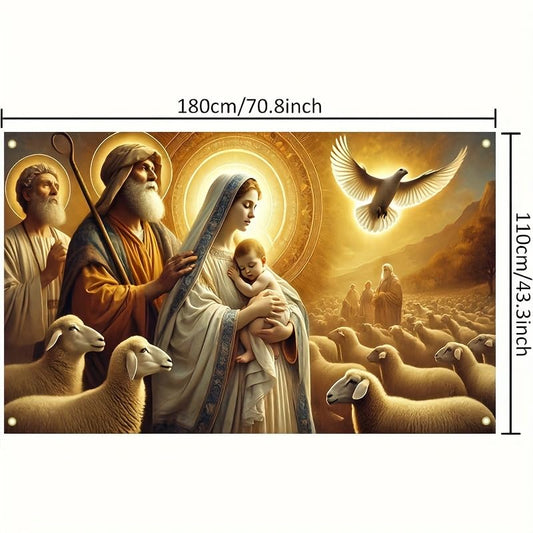 Christmas Banner Nativity Scene Jesus Mary Shepherds 71x43 Inch Religious Holiday Signfor Outdoor Indoor Wall Fence Porch Christmas Party Decor - color: Sacred Love