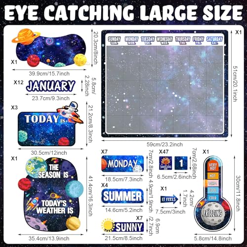Cholemy 85 Pcs Calendar Bulletin Board Set Classroom Calendar Bulletin Board with Numbers Month Weather Classroom Decorations for Back to School Wall Chalkboard Decor Supplies(Space) - style: Space