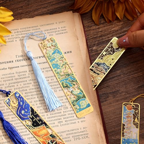 icceemee 12 Pieces of Gold Hollow Bookmarks with Tassels, Featuring Van Gogh and Monet Oil Painting Themes Perfect for Book Lovers, Writers, Readers, Children, Teenagers, Men, Women, and Adults - style: Oil Painting Themes 12