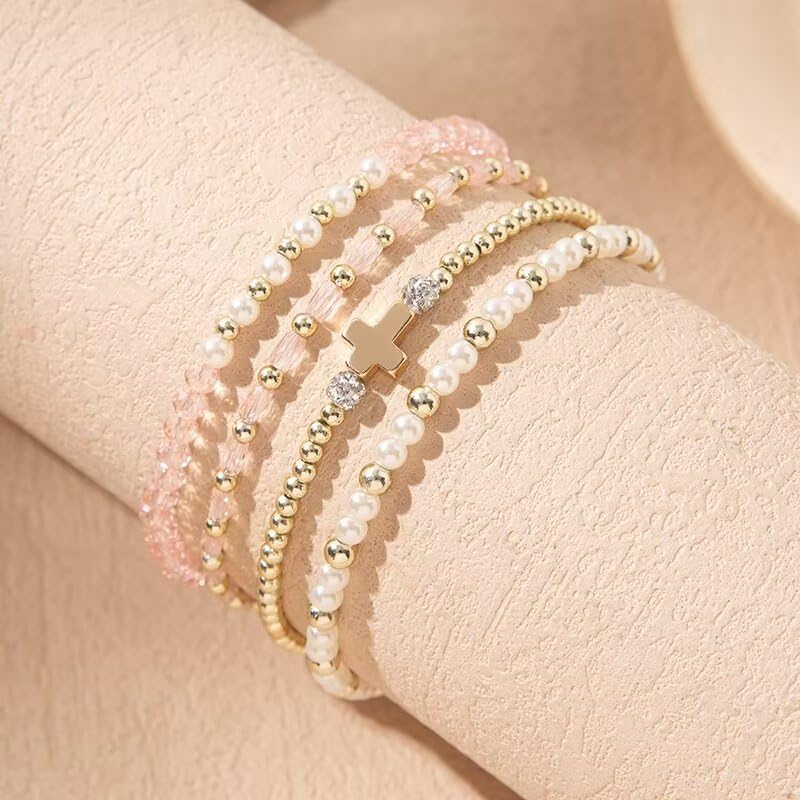 Colorful Cross Charm Bracelets for Women Men Adjustable Gold Plated Beaded Bracelet Boho Bead Ball Stretch Bracelet Birthday Summer Beach Jewelry - color: Light Pink