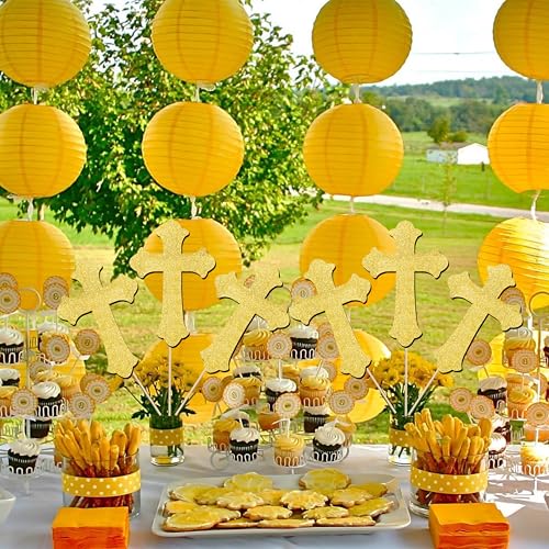 12Pcs Gold Glitter Cross Centerpiece Sticks LUCKYQUBE Double Sided Cross God Bless Centerpieces for Table First Communion Baptism Decorations for God Bless Theme Party Supplies