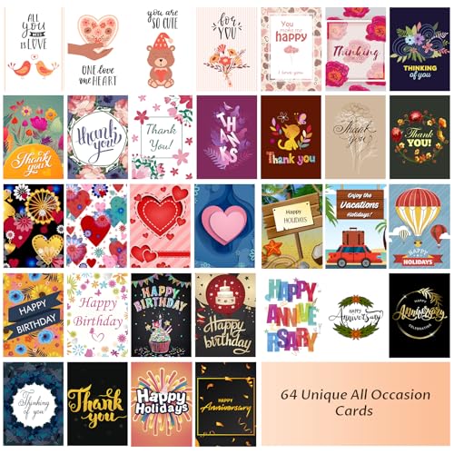 YedsIntu 64 Pack All Occasion Cards Assortment Box with Envelopes & Stickers, 4×6 Inch Assorted Blank Greeting Cards for Birthday, Holiday, Love, Anniversary, Thinking of You, Thank You Cards