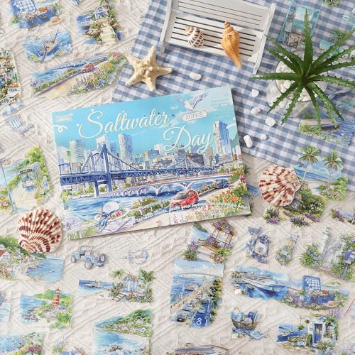 Summer Landscape PET Sticker Book, Diecut Stickers for Journaling - color: Sea Salt Daytime