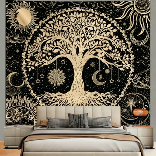 Avinyl Tree of Life Tapestry Wall Hanging, Large Black Sun Moon Tapestries - color: Black Gold Tree Tapestry, size: 60"L x 51"W