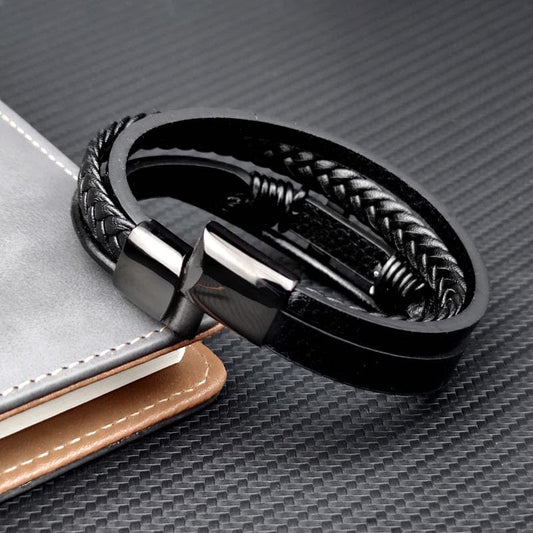 Mens Brown Leather Bracelet Multi-Layer Braided Leather Cross Bracelet Religious Confirmation Gifts - color: Black Leather Black Cross