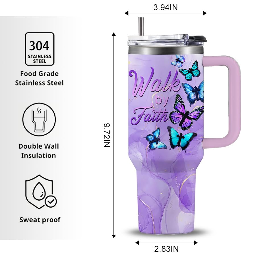 Butterfly 40oz Tumbler with Handle and Straw Lid Stainless Steel Insulated Coffee Travel Mug Cup Keeps Drinks Cold & Hot, Mothers Day Christian Birthday Gifts for Butterfly Women - color: Christian/Butterfly