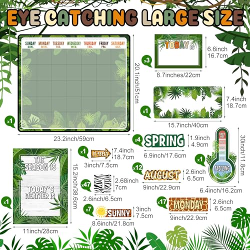 Cholemy 85 Pcs Calendar Bulletin Board Set Classroom Calendar Bulletin Board with Numbers Month Weather Classroom Decorations for Back to School Wall Chalkboard Decor Supplies(Jungle) - style: Jungle