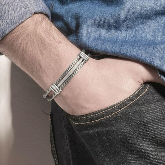 Men Women Stainless Steel Twisted Cable Adjustable Cuff Bangle Bracelet - color: A-Metal Color: Silver