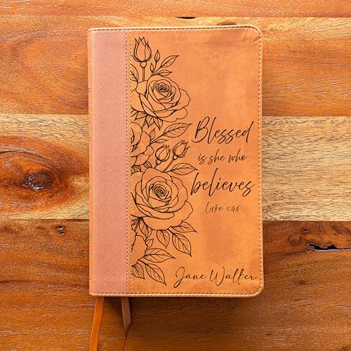 Personalized NIV Personal Size Bible – Large Print Brown Leathersoft Faux Leather | Custom Name Engraved | Red Letter Comfort Print Edition with Ribbon Markers & Portable Design (Brown Rose Blessed is She)