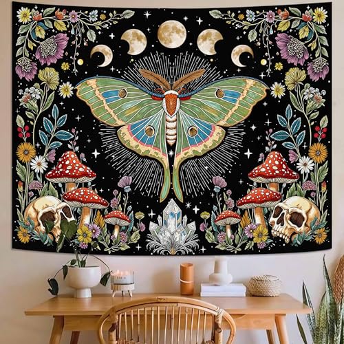 Accnicc Moth Tapestry Boho Mushroom Hippie Skull Wall Tapestry for Bedroom Aesthetic Vintage Floral Plant Moon Phase Small Tapestries Wall Hanging for Dorm Living Room Decor 60 x 44 Inch - color: Green Black, size: 60"L x 44"W