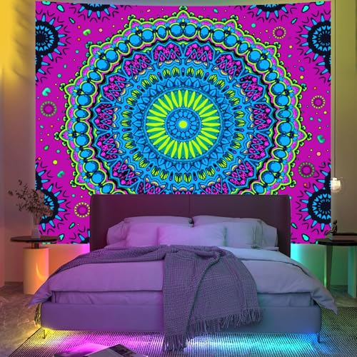 Apdidl Blacklight Mandala Tapestry for Bedroom, Black Light Boho UV Posters - color: Mandala Blacklight Tapestry, size: 60"L x 51"W