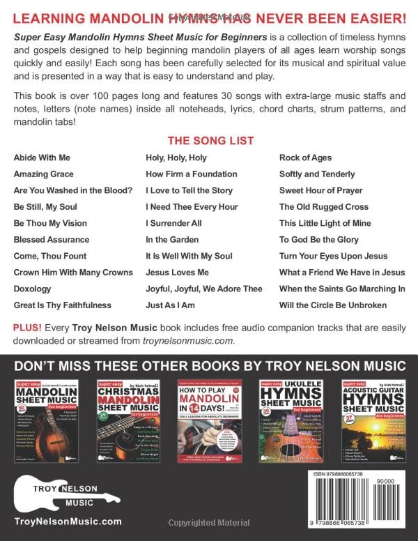 Super Easy Mandolin Hymns Sheet Music for Beginners: 30 Popular Worship Songs with Mandolin TAB, Chord Charts, Strum Patterns + Free Audio (Large Print Letter Notes Sheet Music)