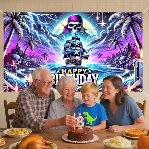 Happy Birthday Backdrop Pirate Ship Skull Treasure Neon Photography Background 70.8x43.3in Boys Kids Party Decorations - color: 05, size: 70.8 x 43.3 Inch