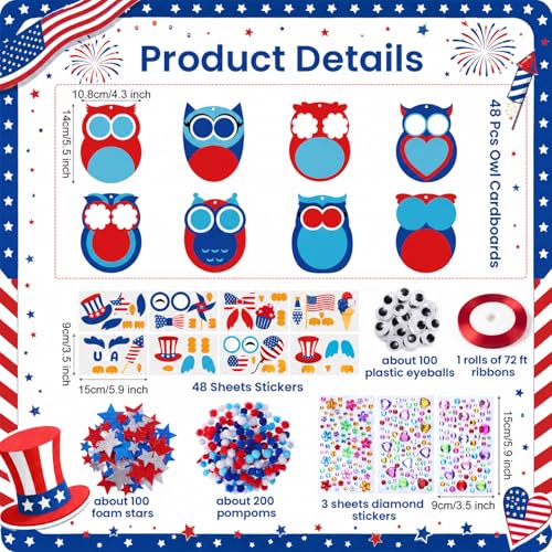 Funrous 48 Sets Patriotic Owl Crafts Bulk 4th of July Paper Crafts DIY - style: Patriotic Owl