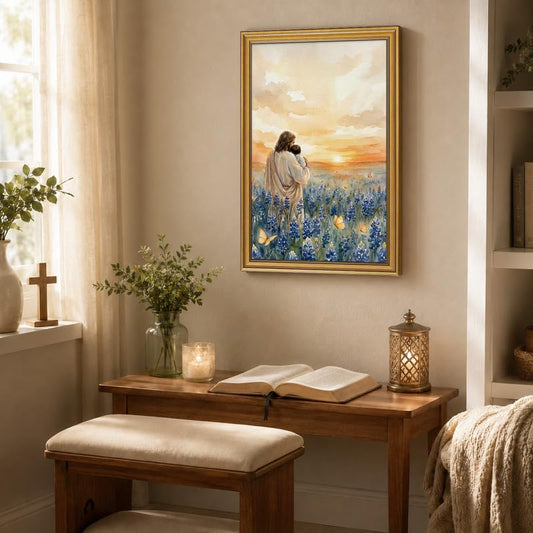 Jesus Wall Art Gold Framed Decor Holding a Baby Floral Religious Pictures - color: Gold Framed-05, size: 16x24in