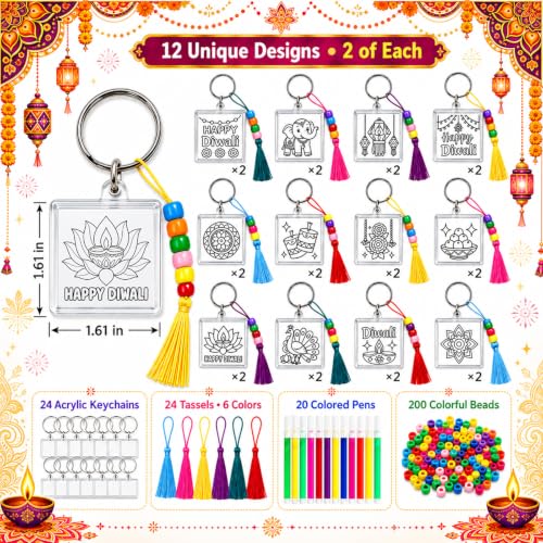 Cinrobiye 24 Sets Diwali Keychain Craft Kit, Make Your Own Photo Keychains, Color Your Own Deepavali Festival of Lights Keepsakes, Personalized Keychain Crafts for Diwali Party Favors - style: Diwali