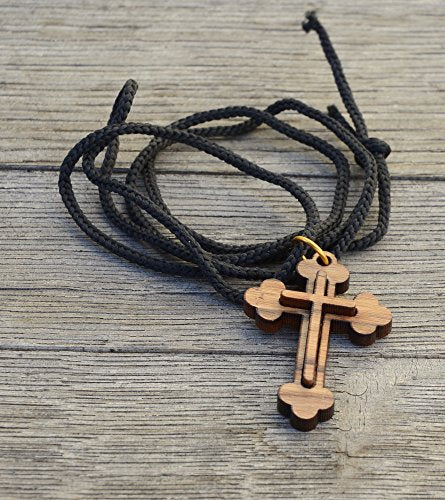 Most Original Gifts Certified Bethlehem Made Wooden Cross (Olive Wood) Budded Cross Pendant on Black Cord Necklace in Natural Cotton Pouch - 24" Adjustable Wood Cross Necklace for Men & Women
