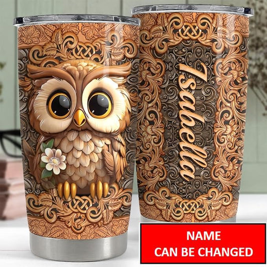 SANDJEST Personalized Owl Wood Drawings Tumbler 20oz 30oz Insulated Tumblers with Lid Coffee Travel Mug Cup for Women Owl Gifts for Birthday - color: Owl