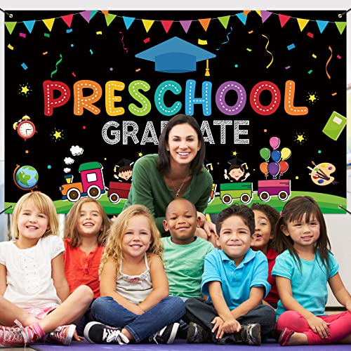 Large Preschool Graduation Party Banner Decorations 72x44 Inch, Kindergarten Graduate Banner Flag Photography Background for Kids Class of 2023 Ceremony Congratulations Grad School Prom Supplies - color: Preschool Black