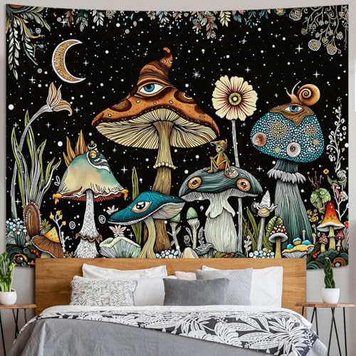 Fungarth Hippie Mushroom Tapestry Vintage Floral Plant Moon Tapestries Wall Hanging Hippy Starry Night Large Tapestry for Bedroom Living Room Study Classroom Dorm 80 x 60 inch - color: Yellow Moon, size: 80"L x 60"W