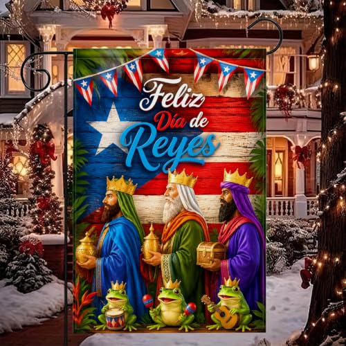 IVN Puerto Rican Three Kings Day Garden Flag 12x18 Inch Double Sided - color: Festive Kings and Frogs