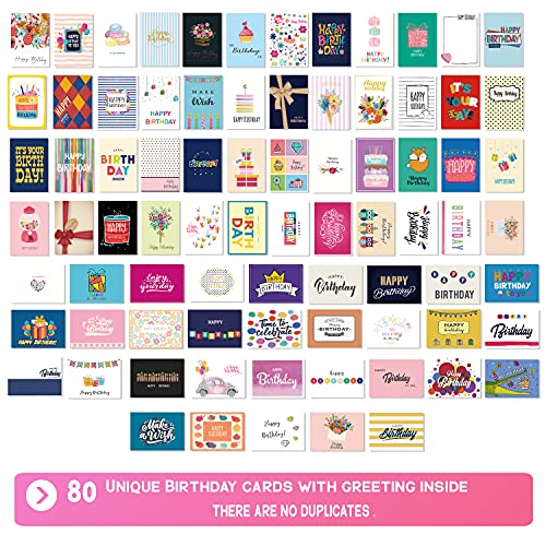 80 Unique Birthday Cards- Happy Birthday Cards Bulk With Greetings Inside – Assorted Envelopes and Stickers -Large 5 x 7 inches- Greeting Box Set