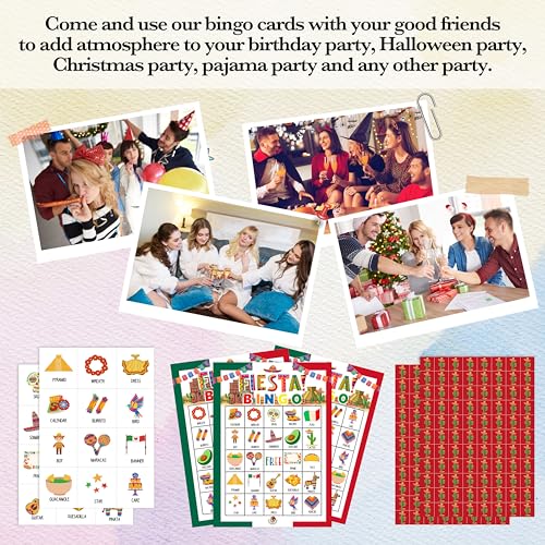 Fiesta Bingo Games, Travel Trip Bingo Cards, Mexican Theme Party Game for Adults Family, Christmas Party Activities, 24 Bingo Sets, A004 - color: Mexican Fiesta