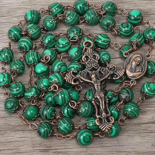Nazareth Store Natural Stone Beads 8mm Rosary Necklace Antique Copper Design Holy Soil Medal & Cross in Velvet Bag - Catholic Rosaries Terra Santa Jerusalem Collection - color: Malachite