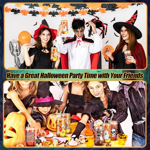SiliFine 6 Pcs Halloween Glass Cups, 16 oz with Lids and Straws - style: Ghost Flower