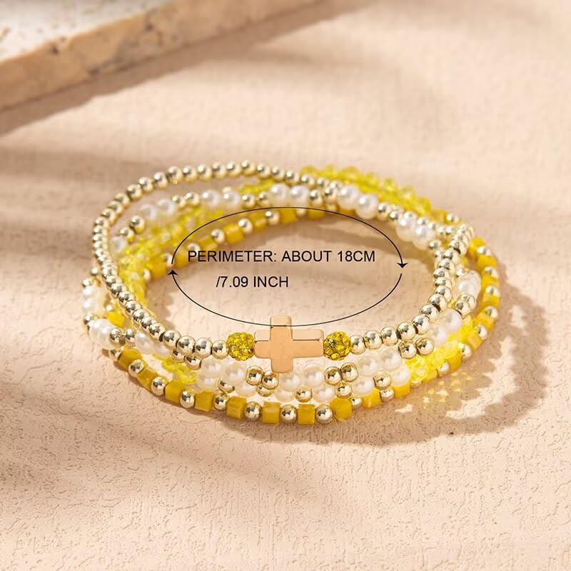 Colorful Cross Charm Bracelets for Women Men Adjustable Gold Plated Beaded Bracelet Boho Bead Ball Stretch Bracelet Birthday Summer Beach Jewelry - color: Yellow B