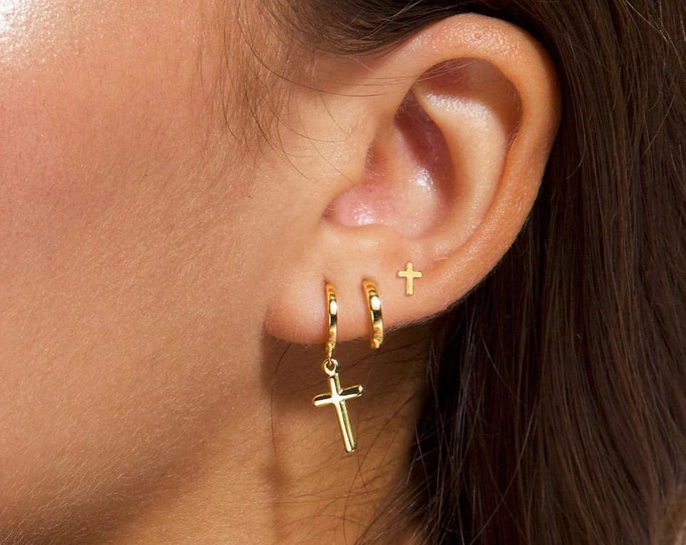 3Pairs Gold Cross Earrings for Women Hoops Huggie Earrings Stack Set - color: Gold-2