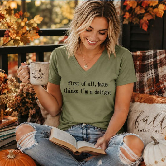 First Of All Jesus Thinks Im A Delight, Jesus Thinks Im A Delight Shirt - color: Green-v, size: X-Large